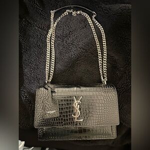 Yves Saint Laurent Black Croc-Embossed Shoulder Bag